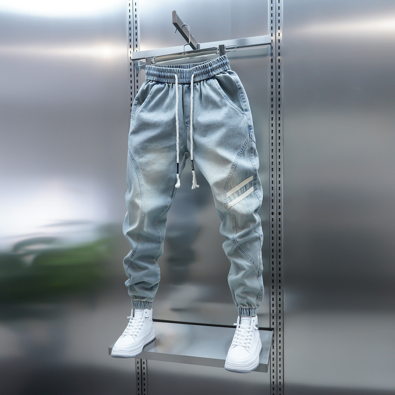 Férfi tavaszi új világoskék farmer egyszerű sokoldalú rugalmas derékú szabadidőnadrág mosott divatos lezser nadrág