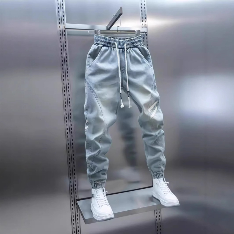 Férfi tavaszi új világoskék farmer egyszerű sokoldalú rugalmas derékú szabadidőnadrág mosott divatos lezser nadrág