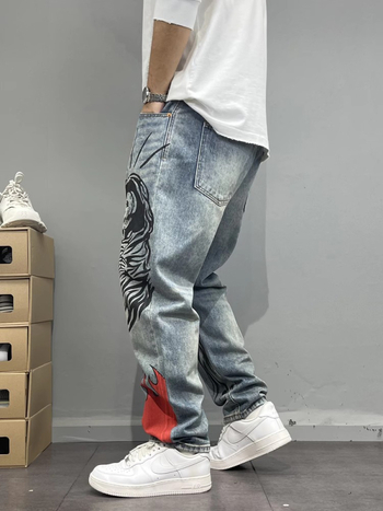 Mosott Vintage Kopott Graffiti Nyomtatású Férfi Farmer, Fényes, Szűkülő, Egyenes Hosszú Nadrág, Főutcai, Menő, Trendi