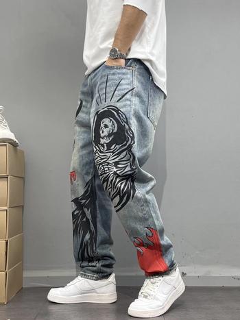 Mosott Vintage Kopott Graffiti Nyomtatású Férfi Farmer, Fényes, Szűkülő, Egyenes Hosszú Nadrág, Főutcai, Menő, Trendi