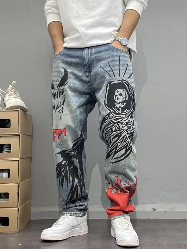 Mosott Vintage Kopott Graffiti Nyomtatású Férfi Farmer, Fényes, Szűkülő, Egyenes Hosszú Nadrág, Főutcai, Menő, Trendi