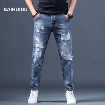 Férfi szakadt farmernadrág, japán stílusú, laza, kék, rövidített, koreai változat, hárem, sármos nadrág, sokoldalú, hosszú nadrág, divatos márka