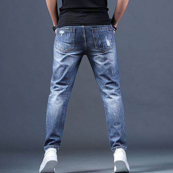 Férfi szakadt farmernadrág, japán stílusú, laza, kék, rövidített, koreai változat, hárem, sármos nadrág, sokoldalú, hosszú nadrág, divatos márka