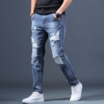 Férfi szakadt farmernadrág, japán stílusú, laza, kék, rövidített, koreai változat, hárem, sármos nadrág, sokoldalú, hosszú nadrág, divatos márka