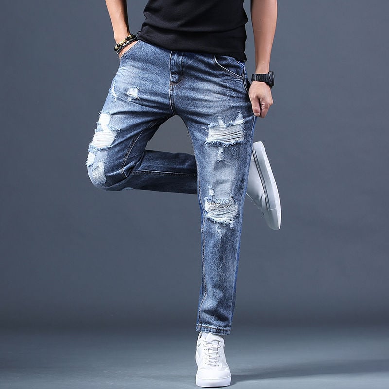 Férfi szakadt farmernadrág, japán stílusú, laza, kék, rövidített, koreai változat, hárem, sármos nadrág, sokoldalú, hosszú nadrág, divatos márka