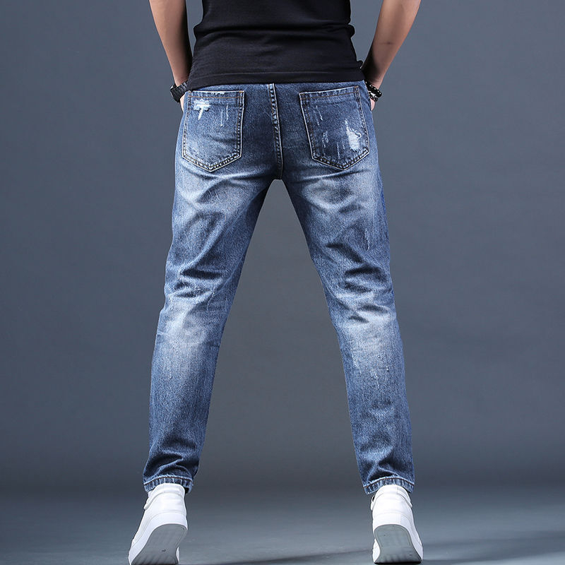 Férfi szakadt farmernadrág, japán stílusú, laza, kék, rövidített, koreai változat, hárem, sármos nadrág, sokoldalú, hosszú nadrág, divatos márka