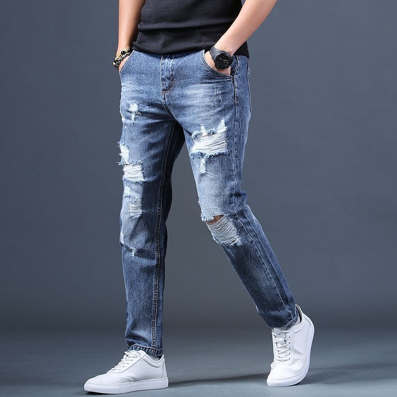 Férfi szakadt farmernadrág, japán stílusú, laza, kék, rövidített, koreai változat, hárem, sármos nadrág, sokoldalú, hosszú nadrág, divatos márka