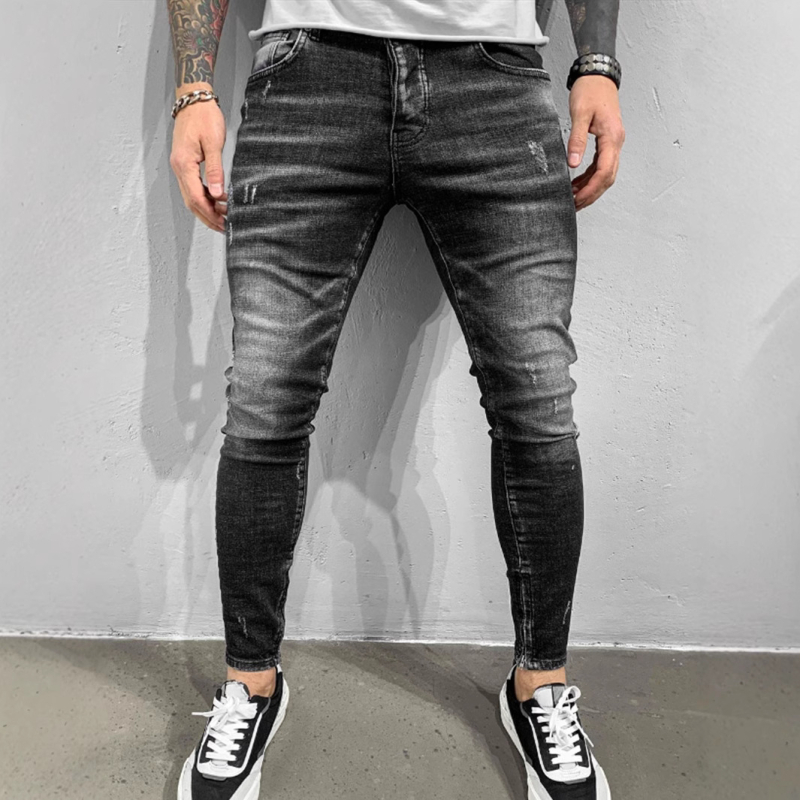 Főutcai divatos márkájú fekete karcsúsított, rugalmas, lezser, rugalmas férfi farmernadrág