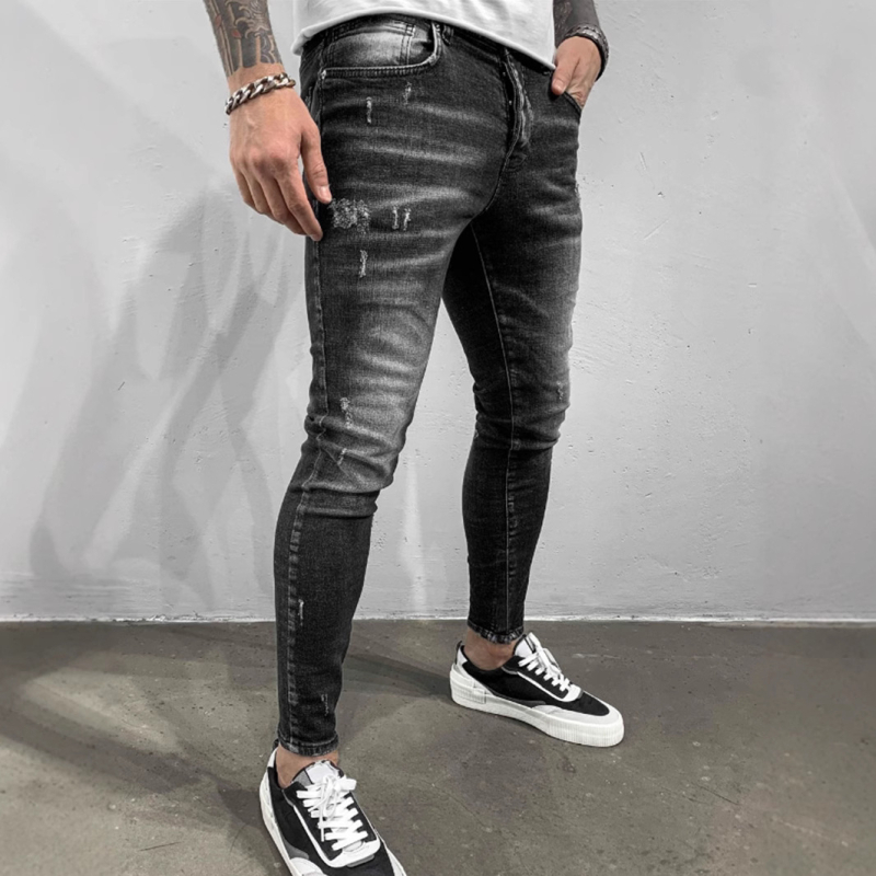 Főutcai divatos márkájú fekete karcsúsított, rugalmas, lezser, rugalmas férfi farmernadrág