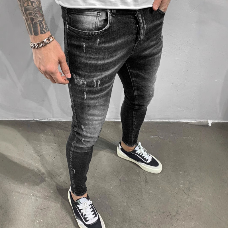 Főutcai divatos márkájú fekete karcsúsított, rugalmas, lezser, rugalmas férfi farmernadrág