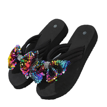 Καλοκαιρινές παντόφλες μεγάλου μεγέθους με πολύχρωμες παγιέτες, νέες στυλ, διασυνοριακές, σαγιονάρες με χοντρή σόλα και φιόγκο