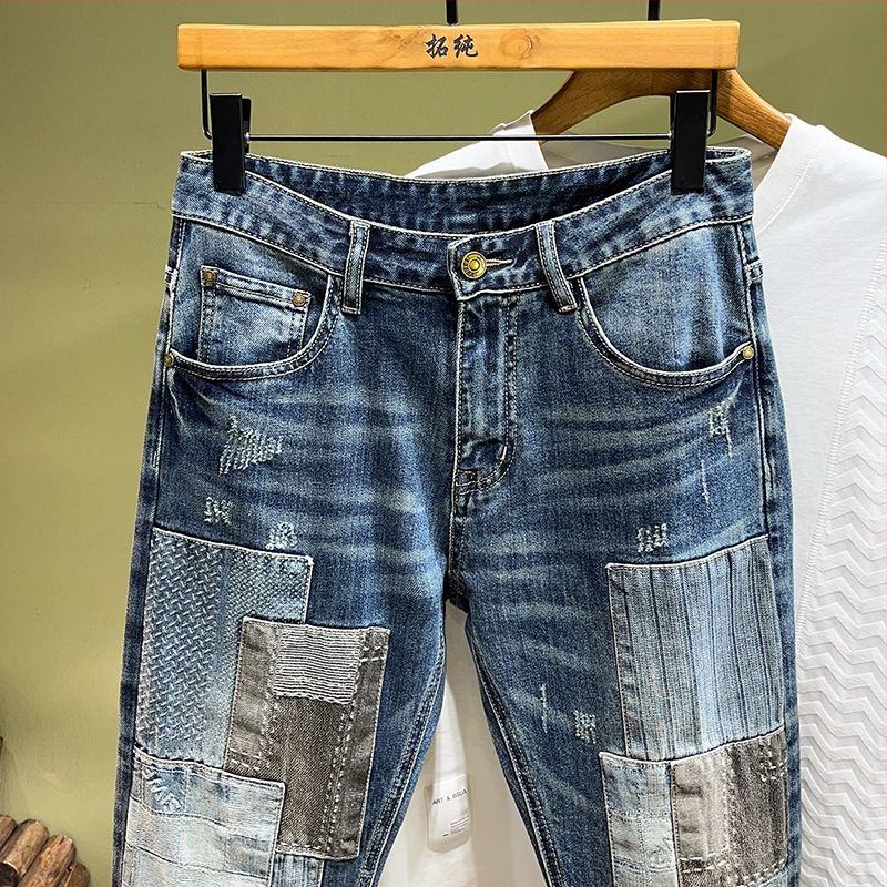 Cezhraničné trendy značkové džínsy s ihlou, pánske šité pásky, slim fit, malé rovné nohavice, odolné vyšívané šteniatka, pekný osobný štýl