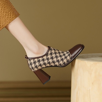 Pantofi cu toc gros, stil retro, pentru femei, toc înalt, cu design de nișă, cusături, stil houndstooth, toc uniform, toc înalt