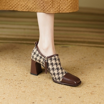 Γυναικεία ρετρό ψηλοτάκουνα παπούτσια με φαρδύ στόμα, φθινοπωρινά και χειμωνιάτικα ραφή και χοντρό τακούνι, μονής στρώσης