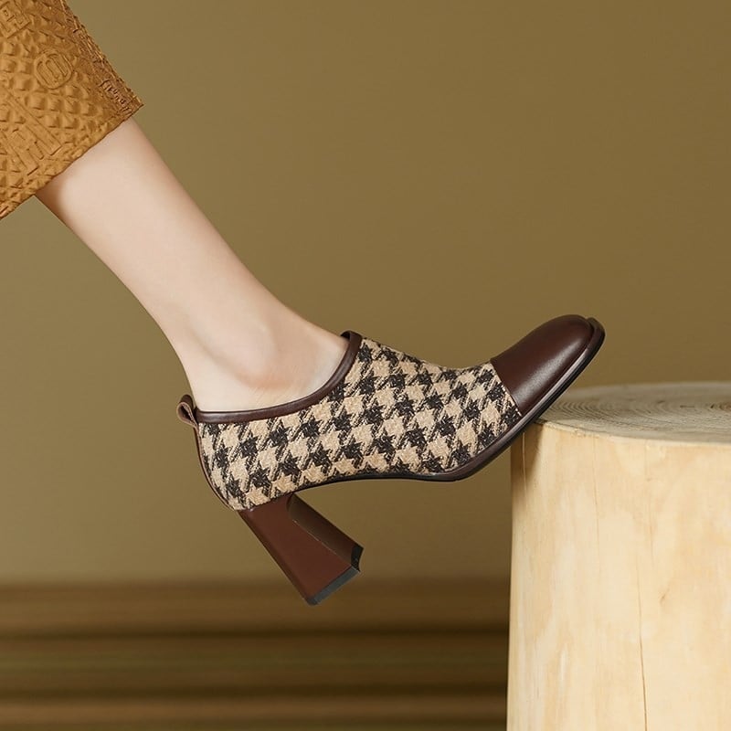 Pantofi cu toc gros, stil retro, pentru femei, toc înalt, cu design de nișă, cusături, stil houndstooth, toc uniform, toc înalt