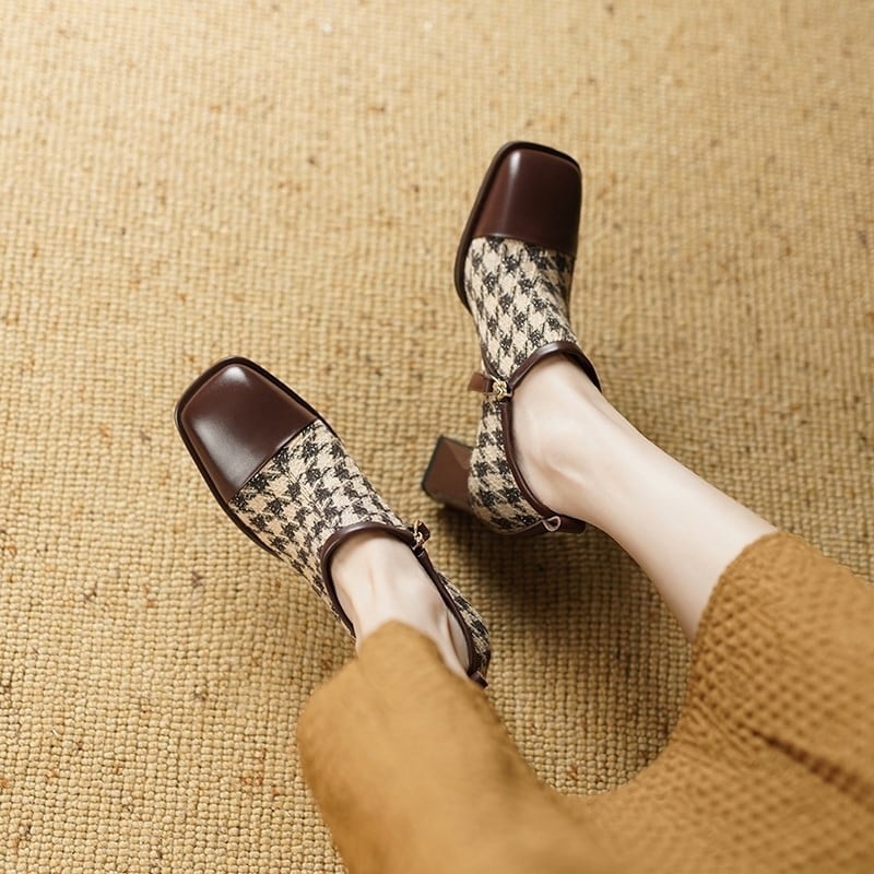 Pantofi cu toc gros, stil retro, pentru femei, toc înalt, cu design de nișă, cusături, stil houndstooth, toc uniform, toc înalt