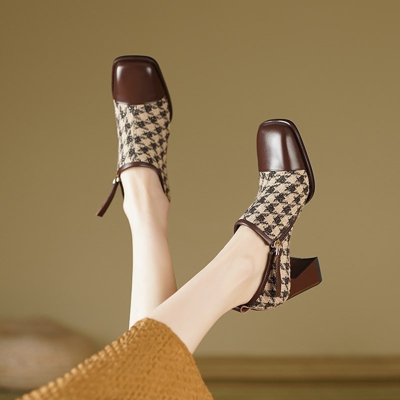 Pantofi cu toc gros, stil retro, pentru femei, toc înalt, cu design de nișă, cusături, stil houndstooth, toc uniform, toc înalt