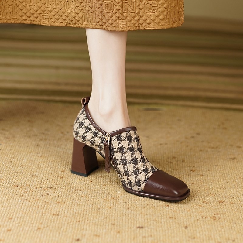 Pantofi cu toc gros, stil retro, pentru femei, toc înalt, cu design de nișă, cusături, stil houndstooth, toc uniform, toc înalt