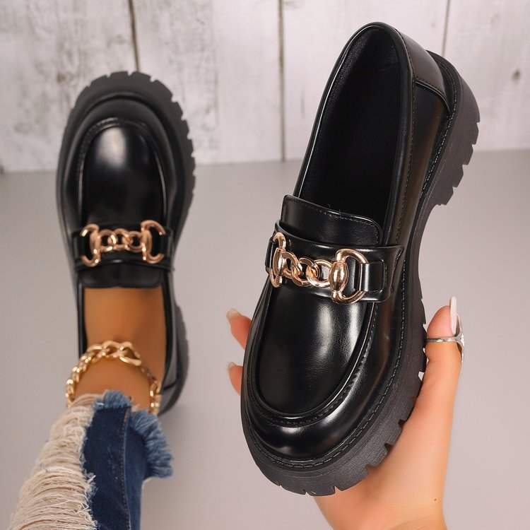 Plus Size Brit Stílusú Vastag Talpú Női Papucscipő 2025 Új Fekete Kerek Orrú Francia Kis Bőr Cipő Trendi