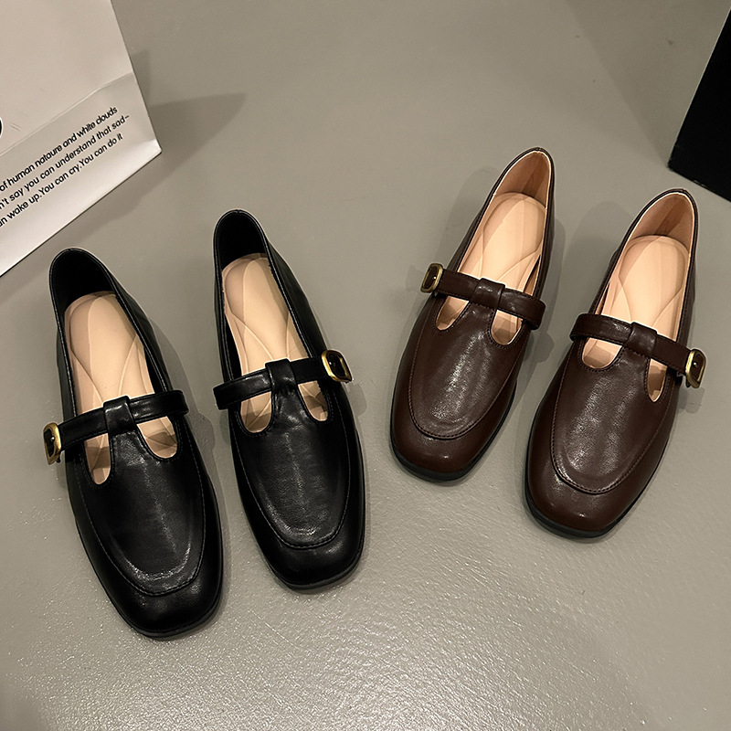 Retro mokaszinok női 2024 tavaszi/nyári új, bebújós, lapos talpú, egyrétegű cipők, puha talpú francia Mary Jane bőrcipők