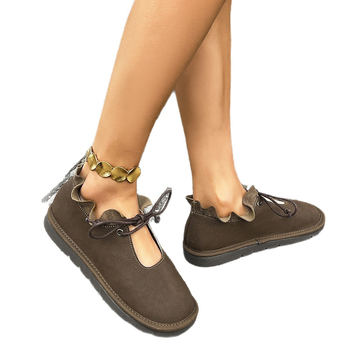 Εξωτερικού Εμπορίου Ρετρό Στρογγυλά Δάχτυλα Φλατ με Δέσιμο Παπούτσια για Γυναίκες 2025 Άνοιξη Νέο Μεγάλο Μέγεθος Μαλακή Σόλα Άνετα Δαντελένια Παπούτσια