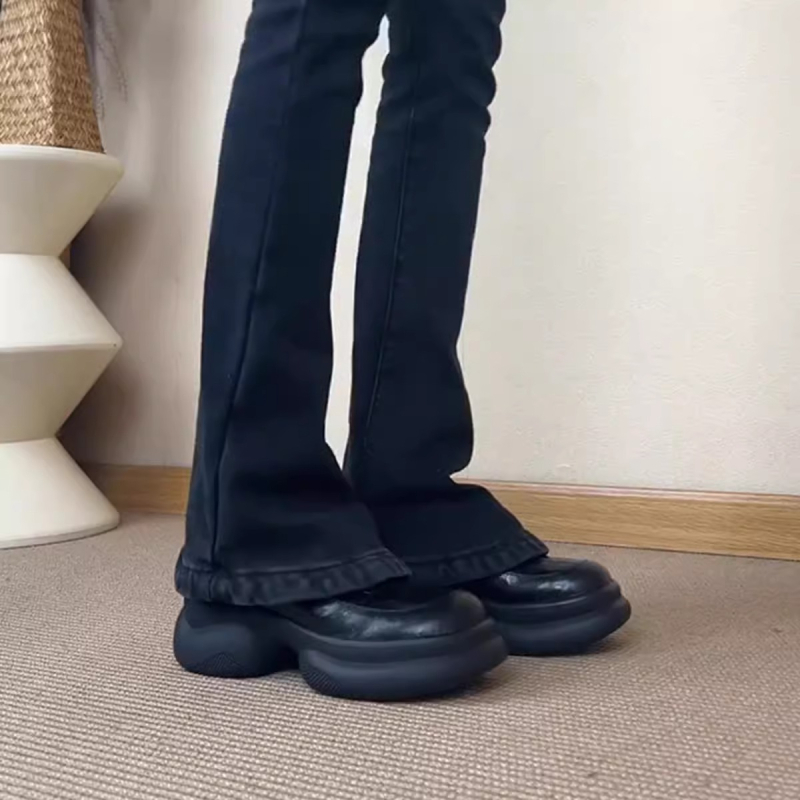 Báránybőr változat ~ vastag talpú, megemelt platform talpú mokaszin női pedálos, kerek fejű, retró, kis bőrcipő, univerzális, egyrétegű cipő