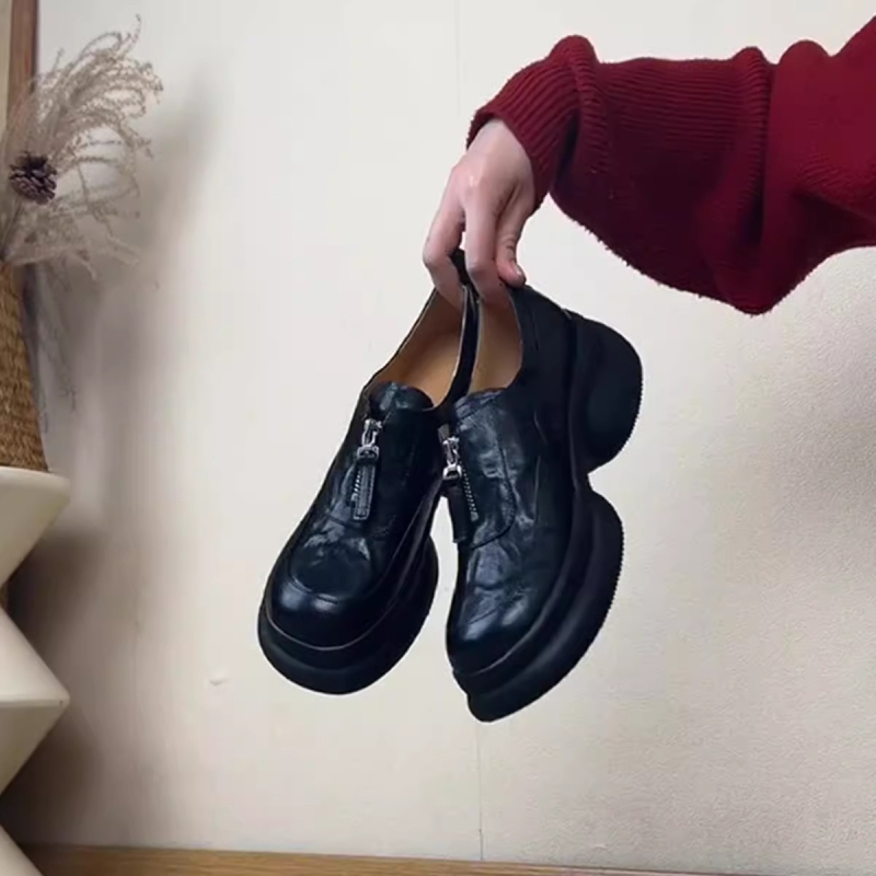 Báránybőr változat ~ vastag talpú, megemelt platform talpú mokaszin női pedálos, kerek fejű, retró, kis bőrcipő, univerzális, egyrétegű cipő