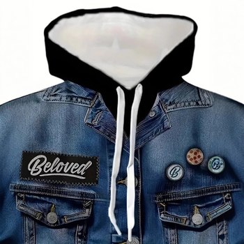 Мъжка модна широка чанта с дълъг ръкав и връзки за рамо, качулка, пуловер, улично забавление, персонализиран деним 3D печат