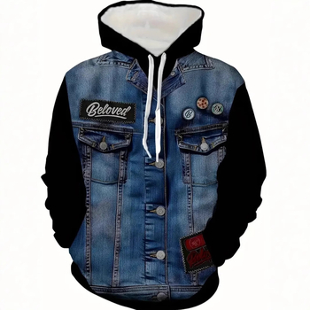 Мъжка модна широка чанта с дълъг ръкав и връзки за рамо, качулка, пуловер, улично забавление, персонализиран деним 3D печат