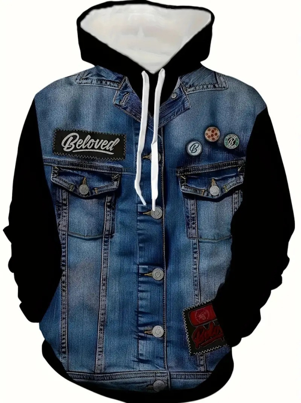 Férfi divatos, bő, hosszú ujjú, vállra akasztható, húzózsinóros, kapucnis pulóver, utcai móka, személyre szabott farmer 3D nyomtatással