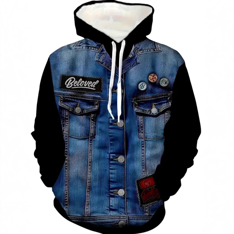 Férfi divatos, bő, hosszú ujjú, vállra akasztható, húzózsinóros, kapucnis pulóver, utcai móka, személyre szabott farmer 3D nyomtatással