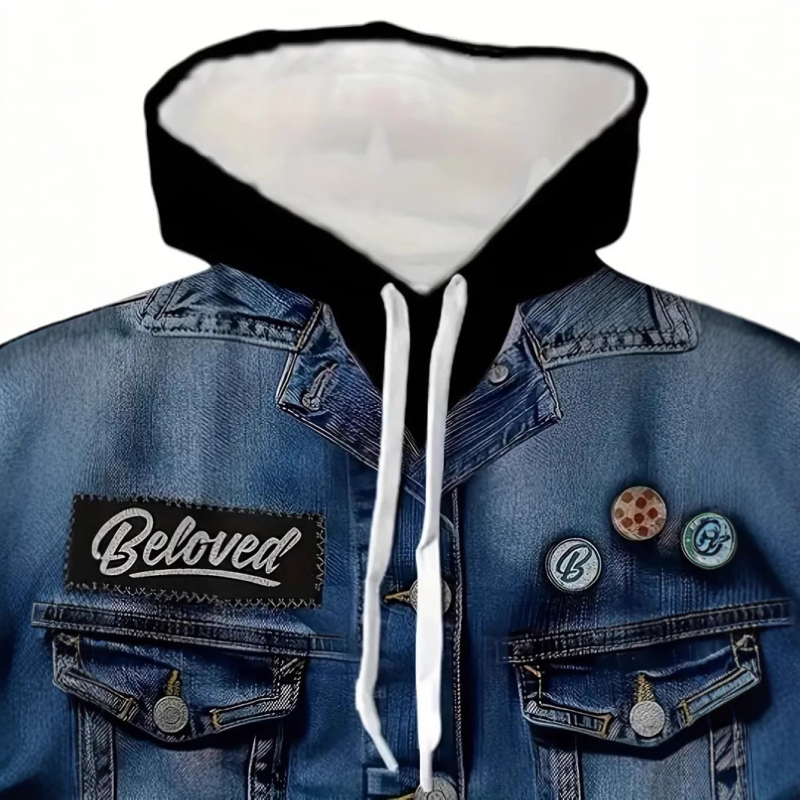 Férfi divatos, bő, hosszú ujjú, vállra akasztható, húzózsinóros, kapucnis pulóver, utcai móka, személyre szabott farmer 3D nyomtatással