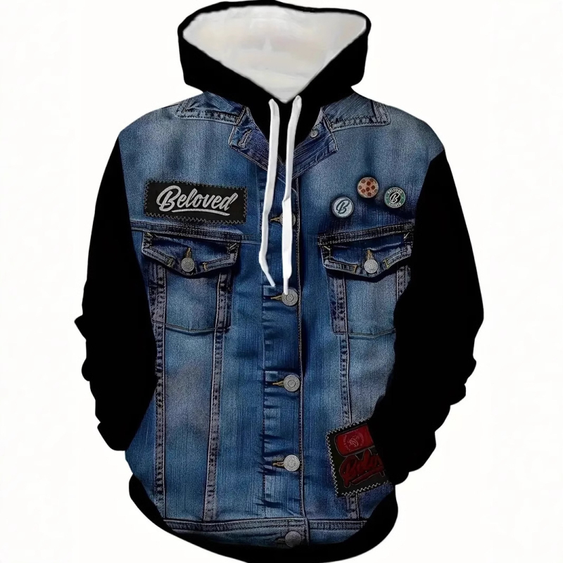 Férfi divatos, bő, hosszú ujjú, vállra akasztható, húzózsinóros, kapucnis pulóver, utcai móka, személyre szabott farmer 3D nyomtatással