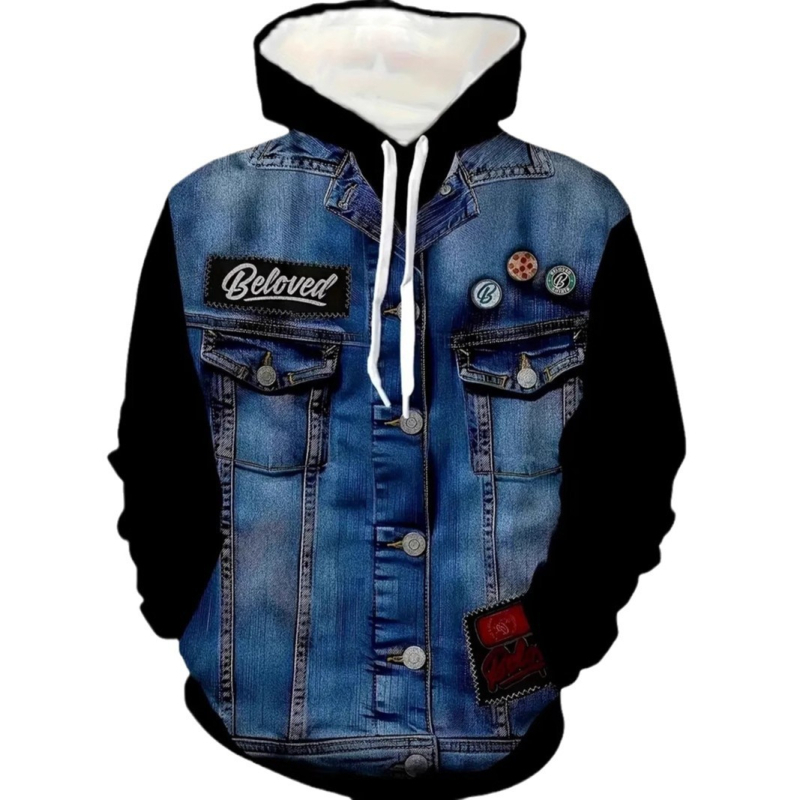 Férfi divatos, bő, hosszú ujjú, vállra akasztható, húzózsinóros, kapucnis pulóver, utcai móka, személyre szabott farmer 3D nyomtatással