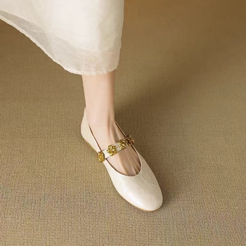 ~ Prancūziški metalinės sagties plokščiakulniai bateliai moterims, negilūs baleto bateliai su sijonu, Mary Jane bateliai