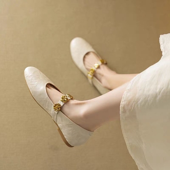 ~ Γαλλικά παπούτσια με μεταλλική αγκράφα, γυναικεία παπούτσια μπαλέτου με ρηχό κόψιμο και φούστα, παπούτσια Mary Jane