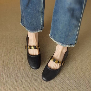 ~ Γαλλικά παπούτσια με μεταλλική αγκράφα, γυναικεία παπούτσια μπαλέτου με ρηχό κόψιμο και φούστα, παπούτσια Mary Jane