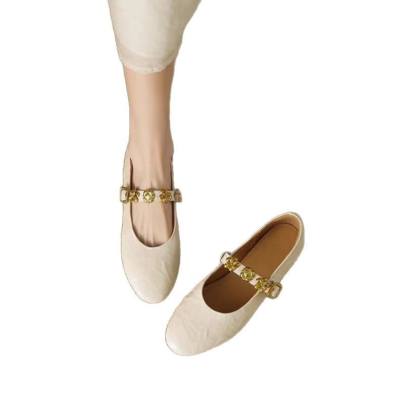 ~ Prancūziški metalinės sagties plokščiakulniai bateliai moterims, negilūs baleto bateliai su sijonu, Mary Jane bateliai