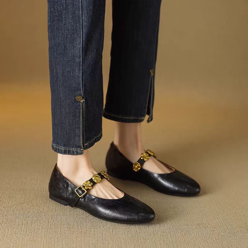 ~ Prancūziški metalinės sagties plokščiakulniai bateliai moterims, negilūs baleto bateliai su sijonu, Mary Jane bateliai