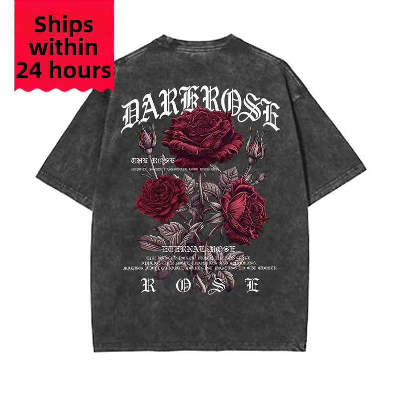 红玫瑰裹在丝带印花衣服男棉布