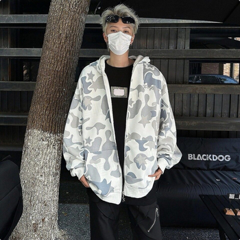 Модерен американски ретро камуфлажен пуловер с двойна шапка, мъжки пролетно-есенен широк кардиган с качулка, бродирано яке
