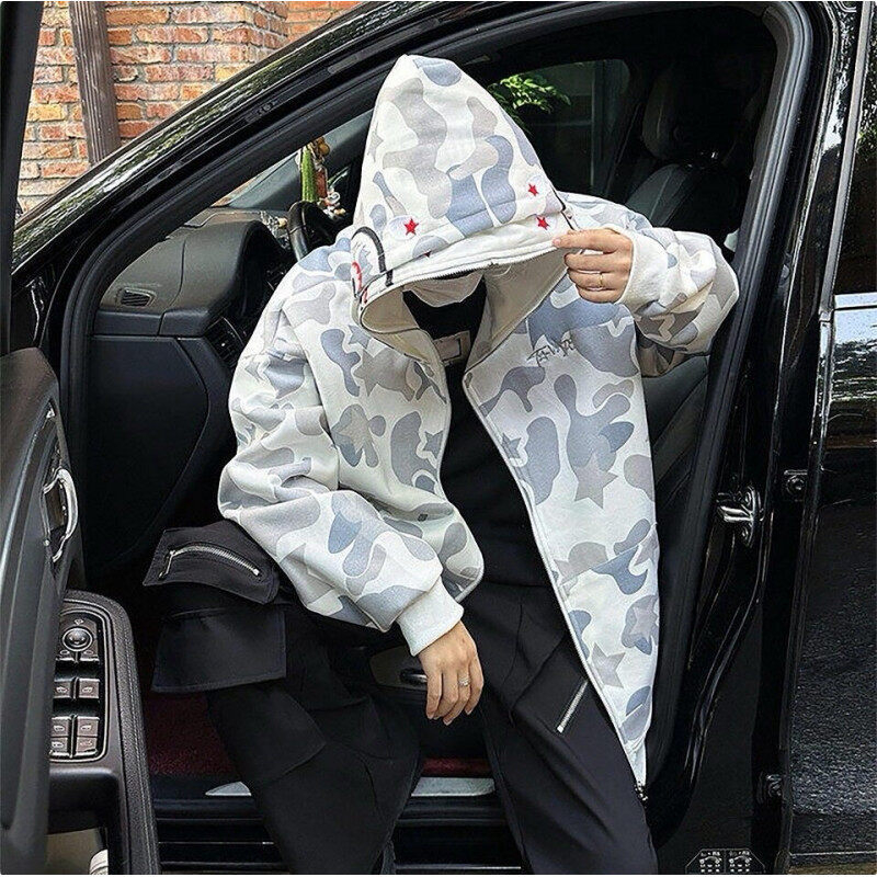 Trendi márkájú amerikai retro dupla kalapos álcázós férfi tavaszi és őszi bő páros kapucnis kardigán törölköző hímzett kabát