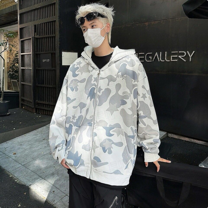 Trendi márkájú amerikai retro dupla kalapos álcázós férfi tavaszi és őszi bő páros kapucnis kardigán törölköző hímzett kabát