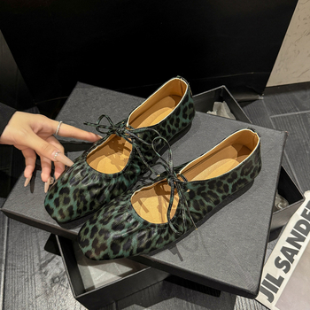 Γυναικεία φλατ παπούτσια με τετράγωνη μύτη, φλατ παπούτσια 2024, στυλ νεράιδας, ελαστικό λουράκι, φιόγκος, λεοπάρ, Mary Jane