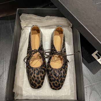 Γυναικεία φλατ παπούτσια με τετράγωνη μύτη, φλατ παπούτσια 2024, στυλ νεράιδας, ελαστικό λουράκι, φιόγκος, λεοπάρ, Mary Jane