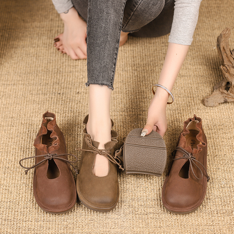Fodros, sekély szájú, magas szárú cipők Női őszi 2024 új, kerek orrú, fűzős, kényelmes, divatos, retró, hétköznapi cipők