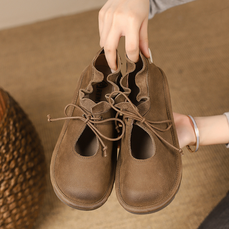 Fodros, sekély szájú, magas szárú cipők Női őszi 2024 új, kerek orrú, fűzős, kényelmes, divatos, retró, hétköznapi cipők