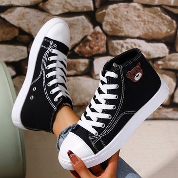 Pantofi de pânză pentru femei, mărime plus, cu ursuleț de primăvară 2025, la modă, cu platformă neagră pentru studenți, plus mărimea