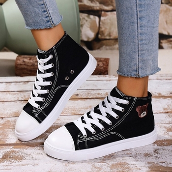 Pantofi de pânză pentru femei, mărime plus, cu ursuleț de primăvară 2025, la modă, cu platformă neagră pentru studenți, plus mărimea