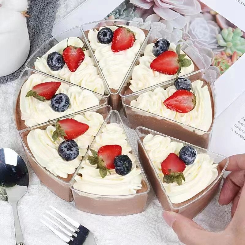 Putėsių puodelis, arkos formos, trikampis, jogurto, sėlenų pudingo, želė, ledų torto, vienkartinis, kietas plastikas, skaidrus, ne